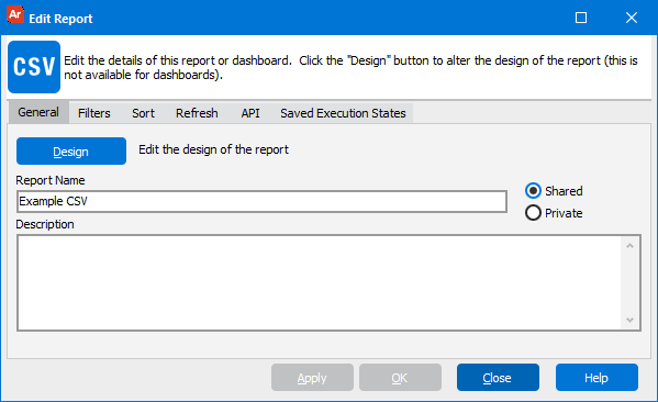 The Edit Report dialog with Example CSV Report entered as the Report Name.